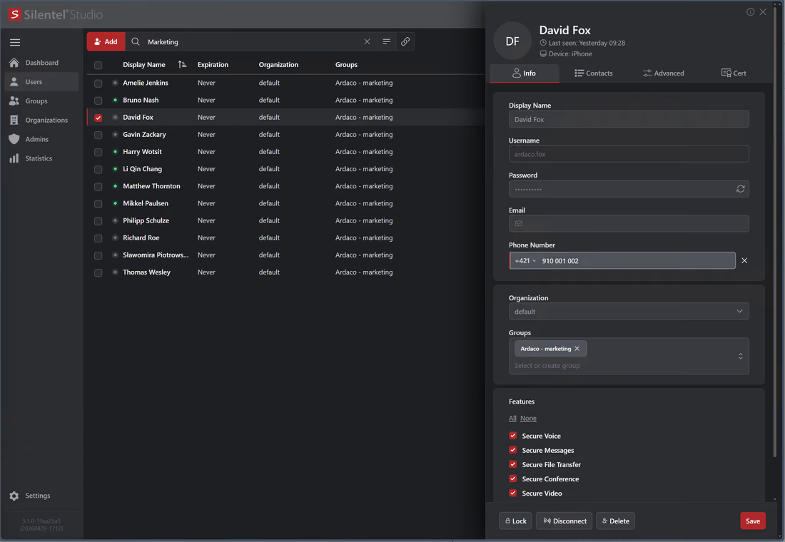 Silentel Operator Studio — user management with feature assignment